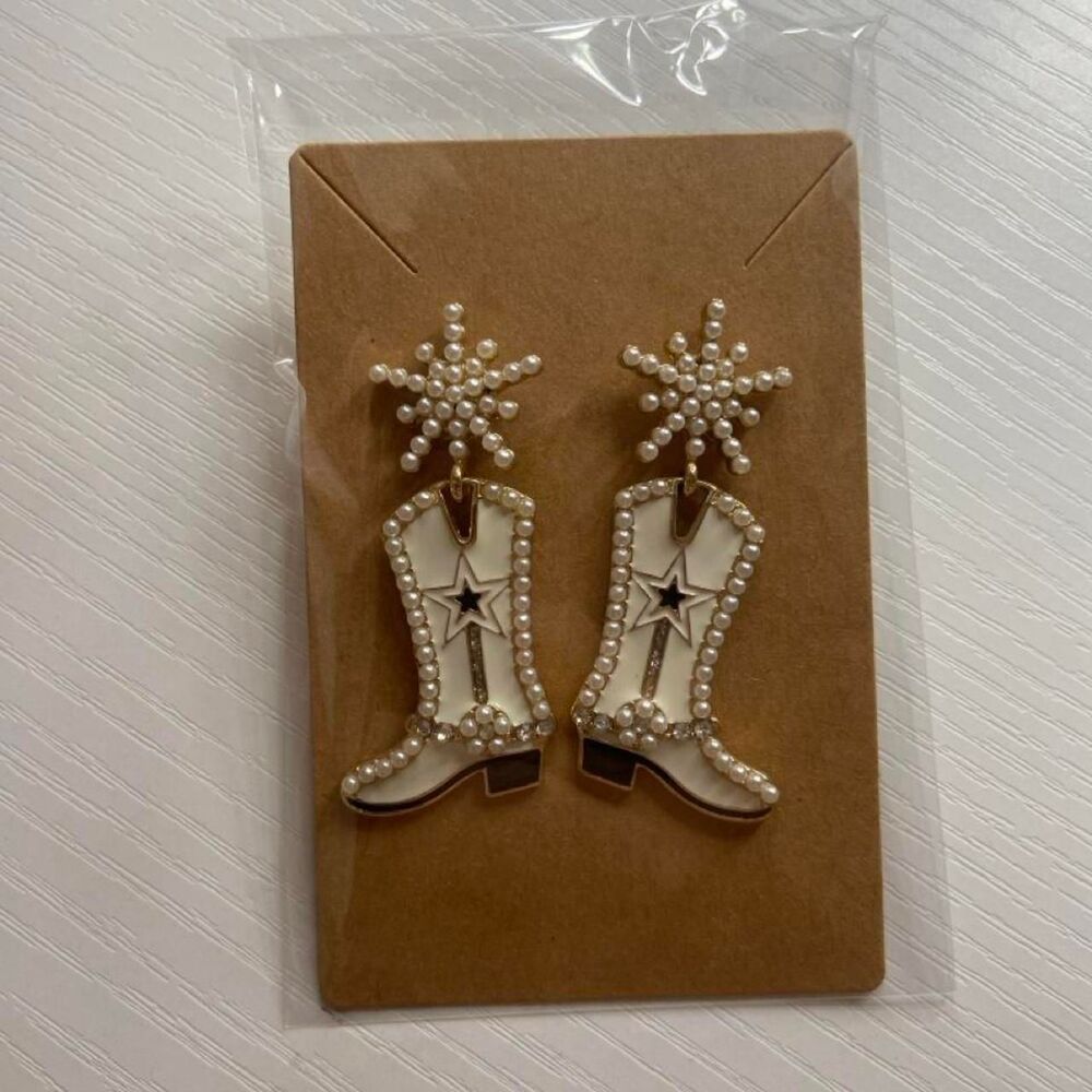 White pearl cowboy boots earrings
